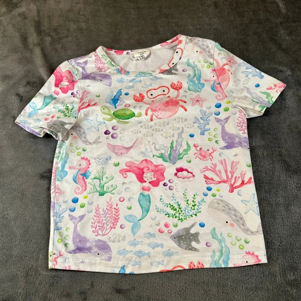 Shein Under The Sea Pajama Set Kids 7 Years Multicolor Mermaid Crab Stretch
